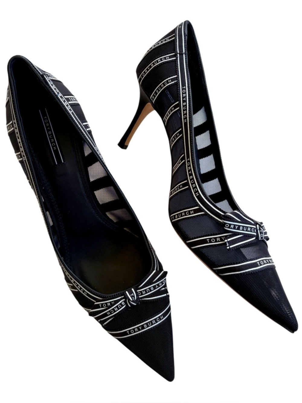EUC Tory Burch Penelope Mesh Logo Pumps Black White Size 8.5 Retail $490.00